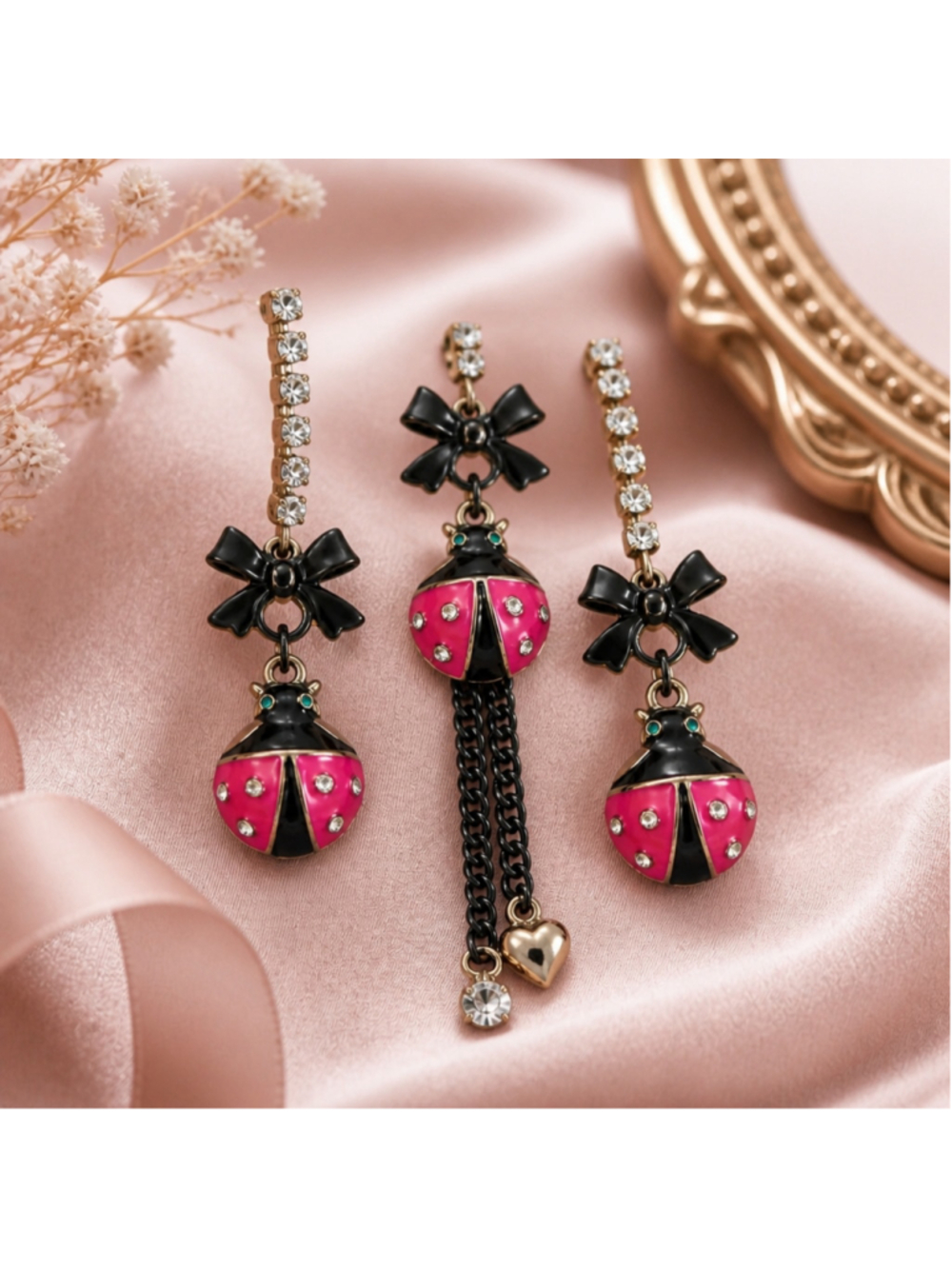 Rare Vintage Y2K Betsey Johnson Ladybug Earrings Black Pink Mix Match Set 3pcs